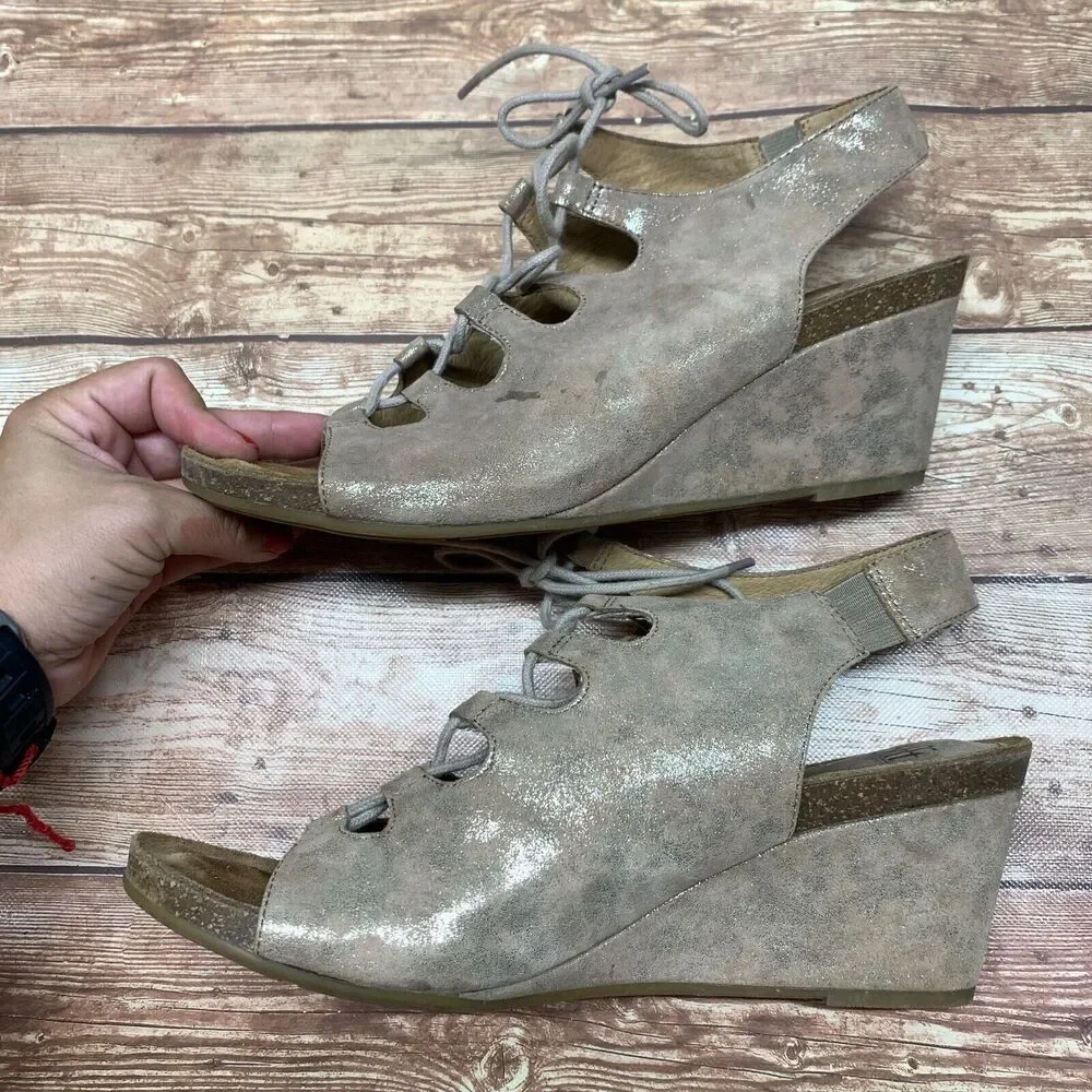 Sofft Women's Maize Sandals Tan Metallic Lace Up Open Toe Wedge Heels Leather 11